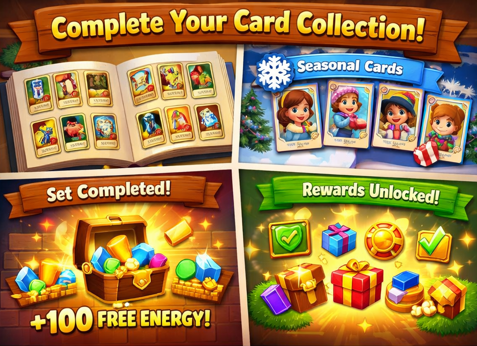 Travel Town card collection album and sticker rewards screen