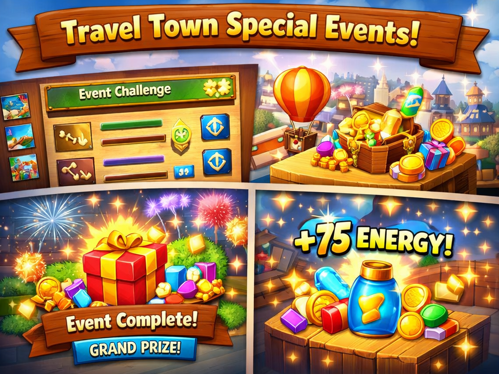 Travel Town special event rewards and milestone energy bonus screen